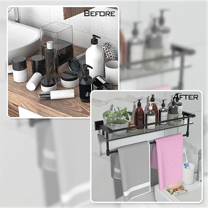Glass Shelves for Bathroom with Towel Bar/Rack 24" Tempered Glass Shelves with Stainless Steel Towel Holder for Wall Shelf Sink Over Toilet (Matte Black) - ModernBath