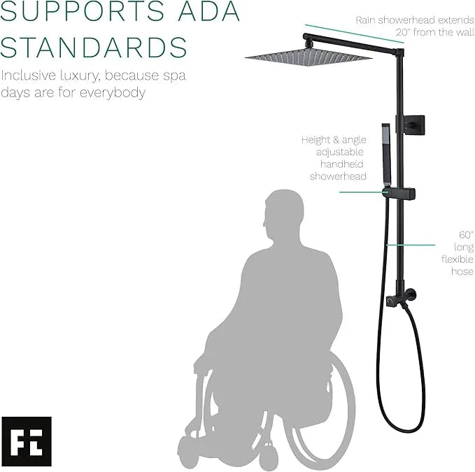 Fennocasa Polaris Lux Rain Shower System, includes 10” Square Rainfall Shower Head and Handheld Shower Combo, Height Adjustable Spray Holder, Retrofit, 60” Hose (2.5 GPM Matte Black) - ModernBath