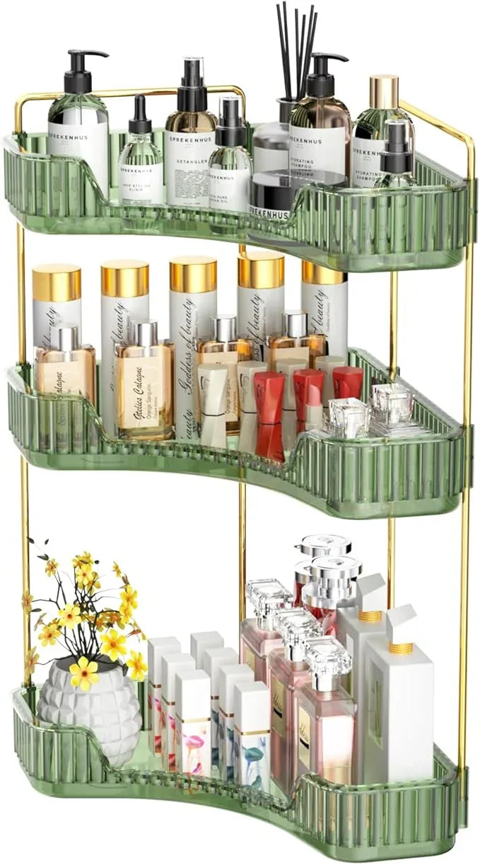 GTI 3-Tier Corner Bathroom Counter Organizer, Large Capacity Makeup Organizer Countertop, Perfume Cosmetics Skincare Vanity Organizers, Exquisite Countertop Storage for Women (Green) - ModernBath