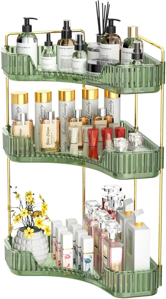 GTI 3-Tier Corner Bathroom Counter Organizer, Large Capacity Makeup Organizer Countertop, Perfume Cosmetics Skincare Vanity Organizers, Exquisite Countertop Storage for Women (Green) - ModernBath