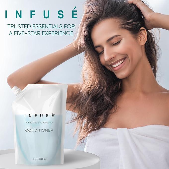 INFUSÉ 1 Liter Conditioner Refill Bag For Soap Dispensers | Bulk Toiletries for Vacation Rentals, and Home Bathroom Showers | White Tea and Coconut | Set of 3 - ModernBath