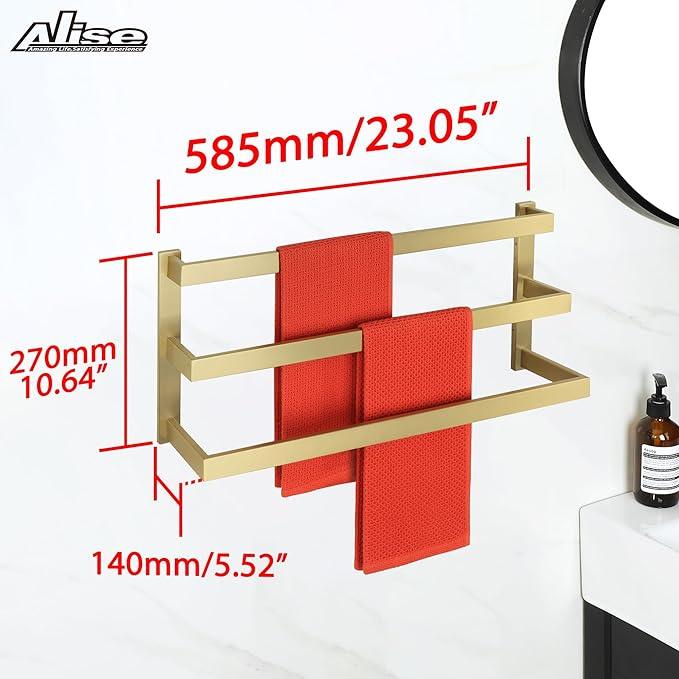 Alise 3-Layers Towel Bars for Bathroom Wall Mount,Brushed Gold Towel Holder Towel Racks for Bathroom Lavatory,SUS304 Stainless Steel Square Towel Rail Towel Hanger for Walls - ModernBath