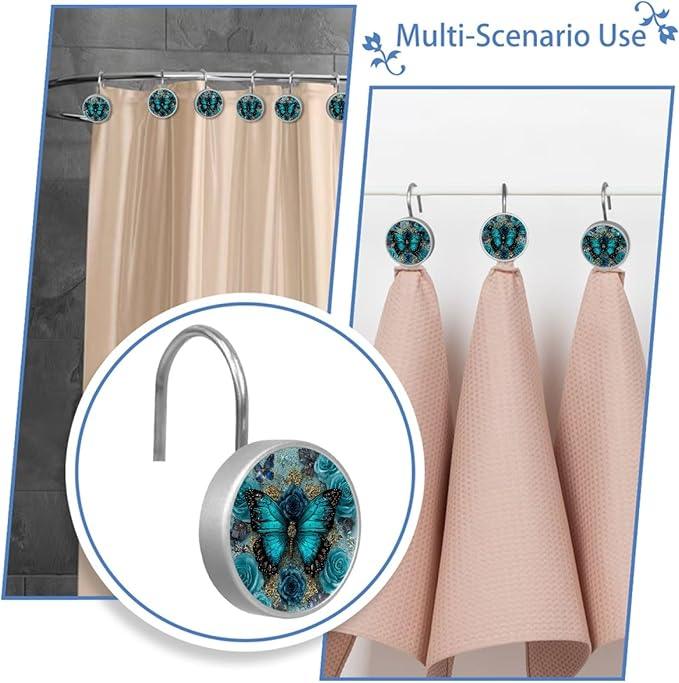 Navy Blue Butterfly Shower Curtain Hooks 12Pcs, Decorative Rust Resistant Shower Rings for Shower Curtain Rods, Stainless Steel Round Curtain Hooks for Bathroom, Bedroom, Farmhouse - ModernBath