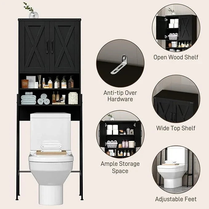 Vabches Over The Toilet Storage Cabinet, Farmhouse Over Toilet Storage Cabinet, Metal Frame with 2 Barn Doors, Home Space-Saving Toilet Rack for Bathroom, Toilet, Laundry Room,Black - ModernBath