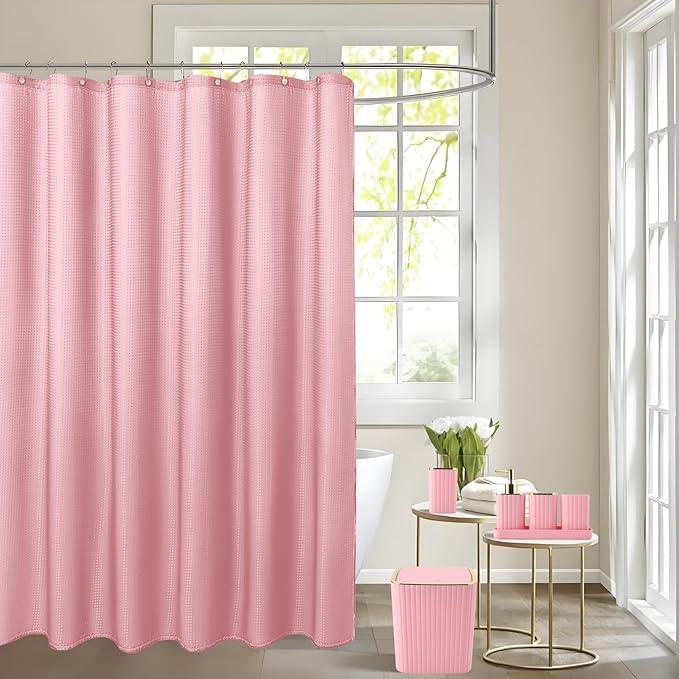 XLHOMO Pink Bathroom Set with Shower Curtain and Rugs- 25PC Bathroom Accessory Set, Pink Shower Curtain Set, Toilet Brush, Trash Can, Qtip Holder Dispenser & Soap Dispenser - ModernBath