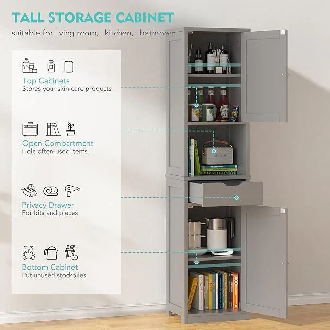 Vongrasig Tall Bathroom Storage Cabinet, 64”H Narrow Storage Unit for Small Spaces, Freestanding Modern Cabinet with Adjustable Shelves for Bathroom, Living Room, Kitchen, Grey - ModernBath