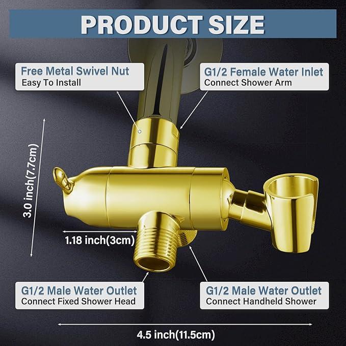 Shower Diverter Valve with Handshower Mount, G1/2 Brass Shower Arm Diverter 3 Way Bathroom Universal Shower System Replacement for Handheld Shower and Fixed Shower Head, Polisded Gold - ModernBath