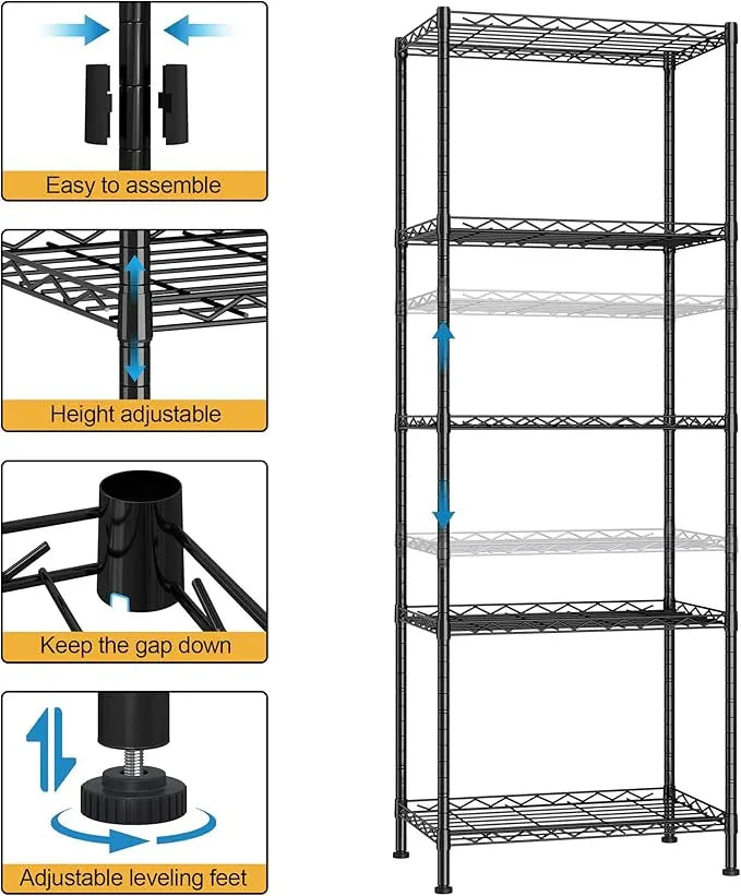 HOMEFORT 5-Shelving Unit, Adjustable Wire Shelving, Metal Wire Shelf Rack Organizer for Kitchen, Pantry, Closet, Bathroom, Laundry, Black,21" W x 11" D x 53" H - ModernBath