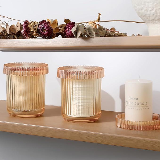 rejomiik Glass Qtip Holder Dispenser 2 Pack, Bathroom Canister Apothecary Jars with Lids, Vanity Makeup Accessories Storage Organizer for Cotton Swabs, Cotton Balls, Pads, Floss Picks, Amber - ModernBath