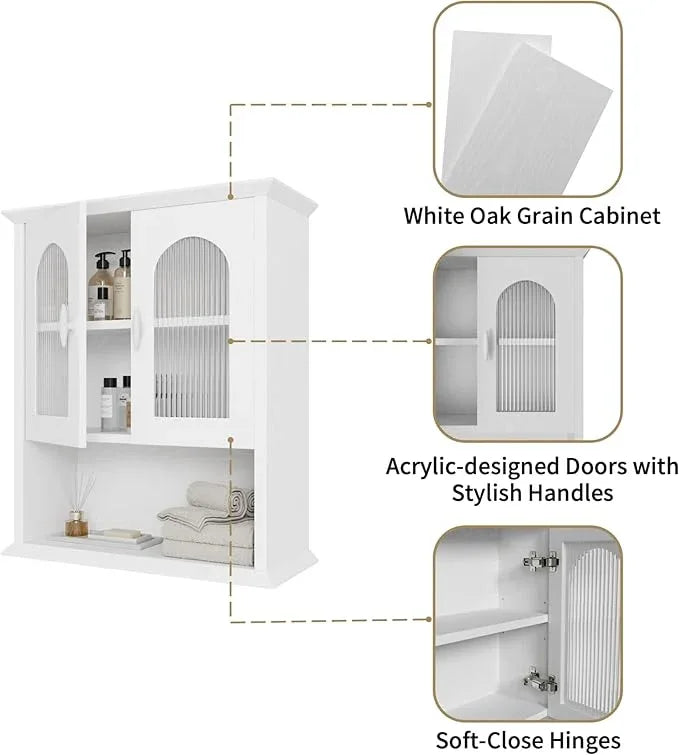 CJL Bathroom Wall Cabinet with Fluted Door, 18.9'' x 23.6'' Medicine Cabinet, Over The Toilet Storage Cabinet, White - ModernBath