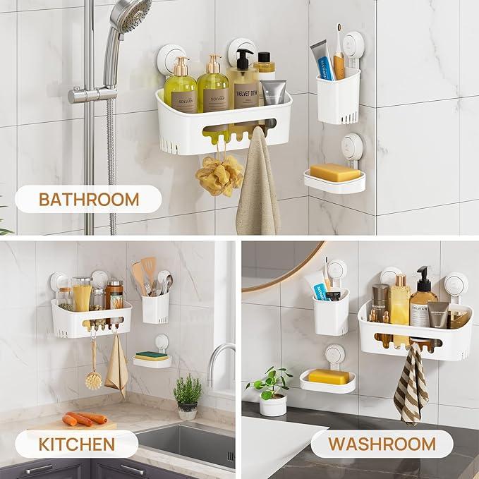 LEVERLOC Shower Caddy Suction Cup Set Shower Organizer & Soap Holder & Toothbrush Holder, Bathroom Shelf Basket NO-Drilling, Removable Suction Storage Waterproof Bathroom Caddy, White - ModernBath