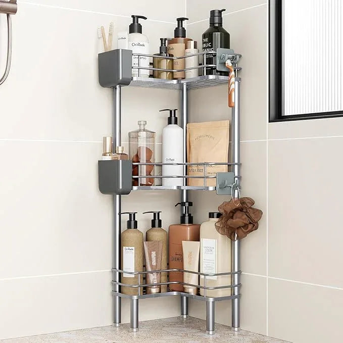 Orimade Rustproof 3 Tier Floor Standing Corner Shower Caddy Organizer with Toothbrush Holder, Large Spacing Floor Shower Shelf Rack Storage Stands with Hooks for Bathroom Kitchen, Silver - ModernBath