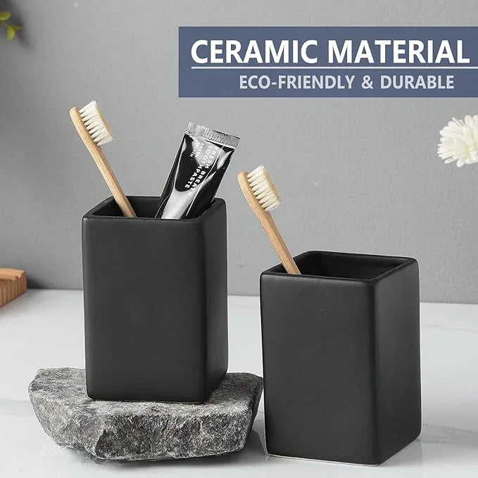 Ceramic Black Square Toothbrush Holder for Bathrooms - 1 Cup Square Toothbrush Toothpaste Holders, Bathroom Tumbler Cup Reusable Toothbrush Mouthwash Cup, Bathroom Counter Organizer. - ModernBath