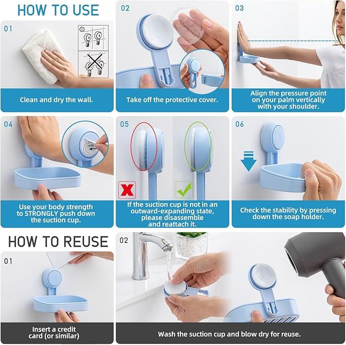 LEVERLOC Soap Dish Holder for Shower Suction Cup Wall Mounted Self Draining NO-Drilling Removable Bar Soap Sponge Holder for Bathroom Bathtub Kitchen Sink Waterproof Strong Vacuum Suction, Blue - ModernBath