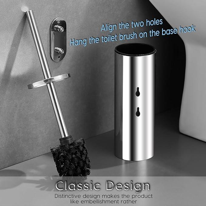Toilet Brush and Brush Holder, Stainless Steel No-Punch Hook Base Dual Purpose Toilet Brush Holder with Removable Inner Bucket and Splash Cover - Soft Bristles (Chrome) - ModernBath