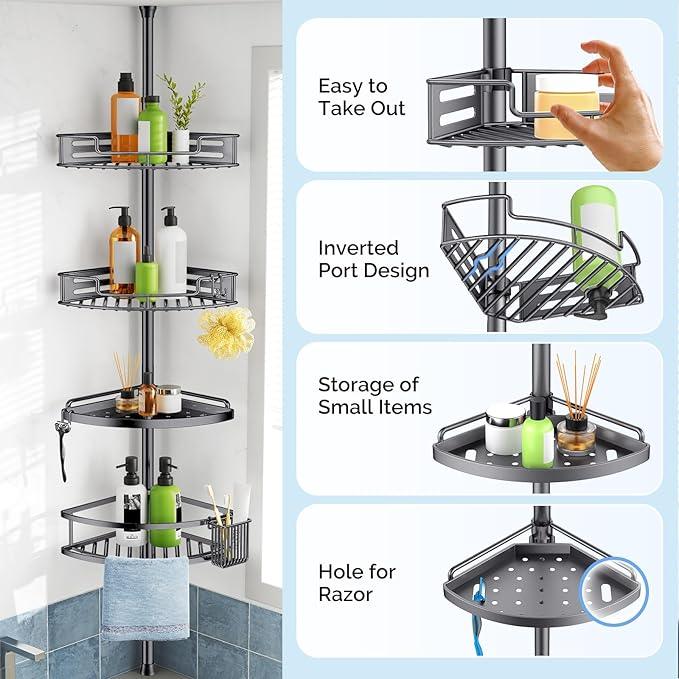 HAMITOR Corner Shower Caddy Tension Pole: Quick Installation 4-Tier Rustproof Bathroom Organizer Shelves for Bathtub Shampoo Storage - 47-121 inch Adjustable Floor Standing Bath Rack Holder Gray - ModernBath