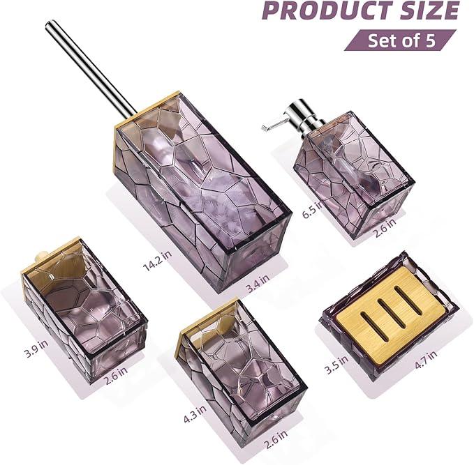 GAHEFY Lavender Purple Bathroom Accessories Set, Toothbrush Holder, Soap Dispenser, Cotton Swabs Holder, Soap Dish, Toilet Brush with Holder, Bamboo Bathroom Decor,Acrylic (Purple) - ModernBath