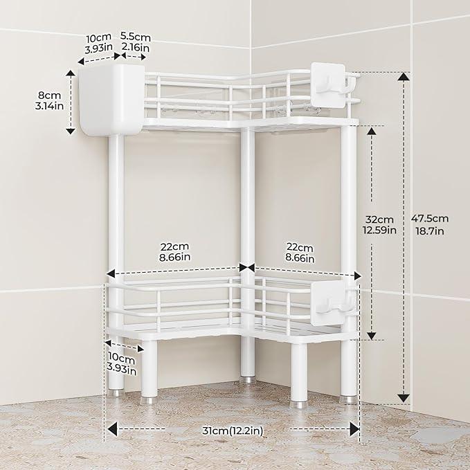 Orimade Rustproof 2 Tier Floor Standing Corner Shower Caddy Organizer with Toothbrush Holder, Large Spacing Floor Shower Shelf Rack Storage Stands with Hooks for Bathroom Kitchen, White - ModernBath