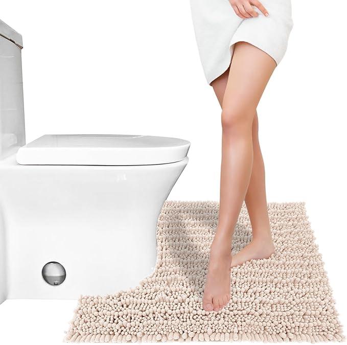 Yimobra Toilet Rug U Shaped Washable 24x20 Inch - Ultra Soft Absorbent Chenille Bath Rugs for Toilet, Quick Dry & Machine Washable, Non Slip Contour Bathroom Mat, Pinkish Beige - ModernBath
