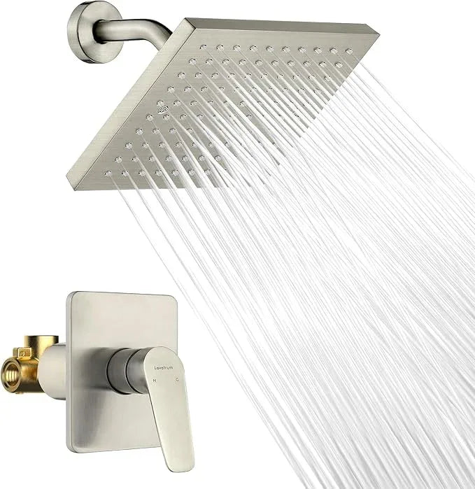 Lavatrum Brush Nickel Premium Shower Head With Valve Set Single Spray Wall Mount 8 Inch Rainfall Square Shower Faucet with Rough-in Valve and Trim Kit for Bathroom - ModernBath