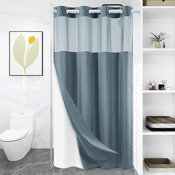 WONICY Small No Hook Shower Curtain with Snap in Liner, Polyester Textured Shower Curtain with Liner Set, Waterproof Washable Hotel Style Shower Curtains for Bathroom, 54Wx80H, Blue Grey - ModernBath