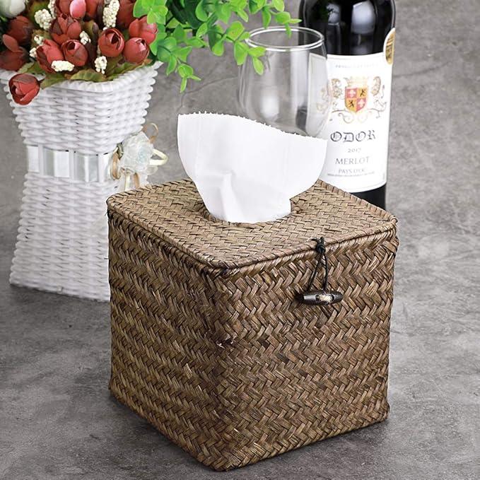 Sumnacon Tissue Box Cover Square Seagrass Tissue Box with Lid, Woven Tissue Box Holder Rustic Cube Tissue Cover for Bathroom Toilet Bedroom Living Room Kitchen Table Desk Office Car, Coffee - ModernBath
