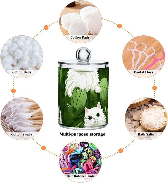 Tatenale Qtip Holder Bathroom Set Q tip Cotton Ball Swab Pad Dispenser Container Organizer Plastic Jars with Lids Storage 2Pack Green Cat and Cactus - ModernBath