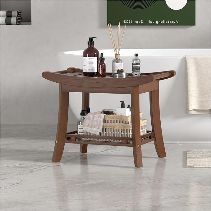Eastglory Bamboo Shower Bench Chair Bathroom Shower Stool Seat for Inside Shower Bathtub with Storage Shelf Shower Foot Rest for Shaving Legs 25.2 x 13 x 19.2 Inches Chestnut Brown - ModernBath