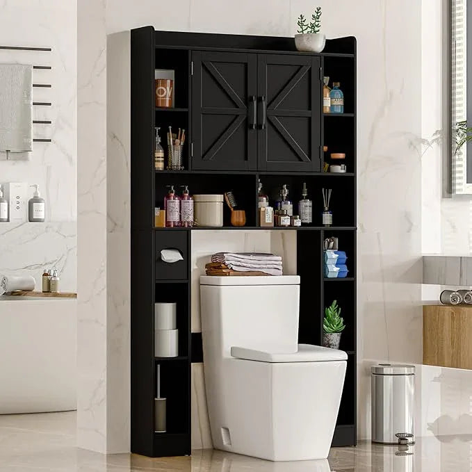 Farmhouse Storage Cabinet Over Toilet with Barn Doors，Over The Toilet Storage Cabinet, Home Space-Saving Toilet Rack, for Bathroom, Restroom, Laundry.Pure Black - ModernBath