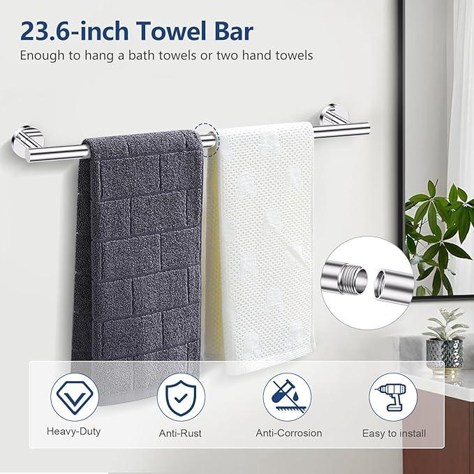 TQKAG Polished Chrome 5 Piece Bathroom Hardware Accessories Set 23.6" SUS304 Stainless Steel Bathroom Towel Bar Holder Sets Double Post Pivoting Toilet Paper Holder Set Wall Mounted - ModernBath