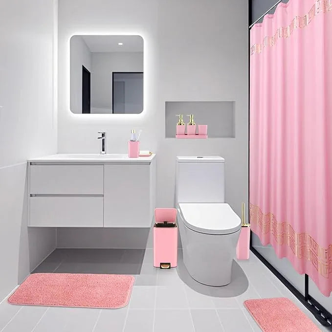 XLHOMO Bathroom Sets with Shower Curtain and Rugs Bathroom Accessories Set Pink Bathroom Set,Shower Curtain Set with Stainless Steel Trash Can - ModernBath