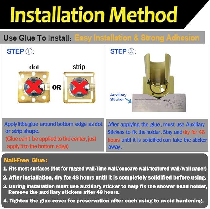 Shower Head Holder Handheld Shower Wand Holder Adjustable Shower Head Bracket Shower Wall Mount Holder, Polished Brass/Gold Finish, Drill Free Glue Installation - ModernBath