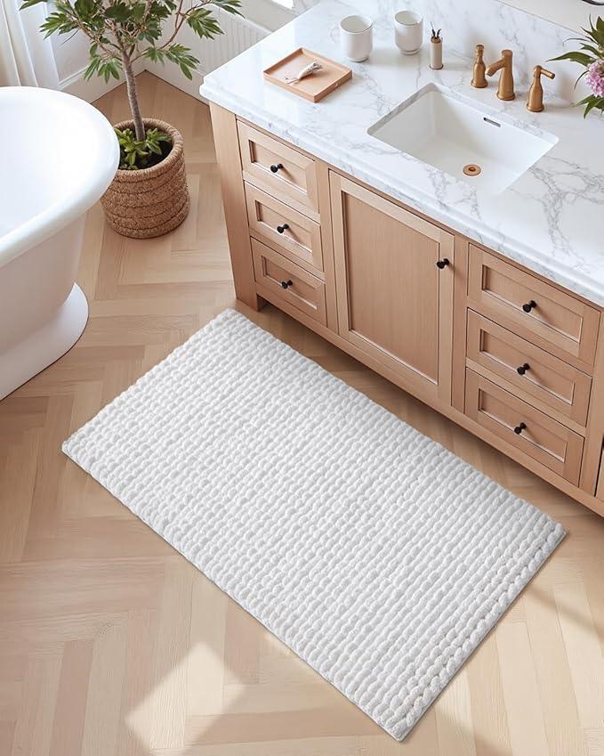 DEXI Bathroom Rugs 24x43, Non Slip Washable Bath Mat, Luxury Chenille Super Absorbent Ultra Thick Bathmats for Shower Floor, Plush Fluffy Shaggy Carpet for Tub, White - ModernBath
