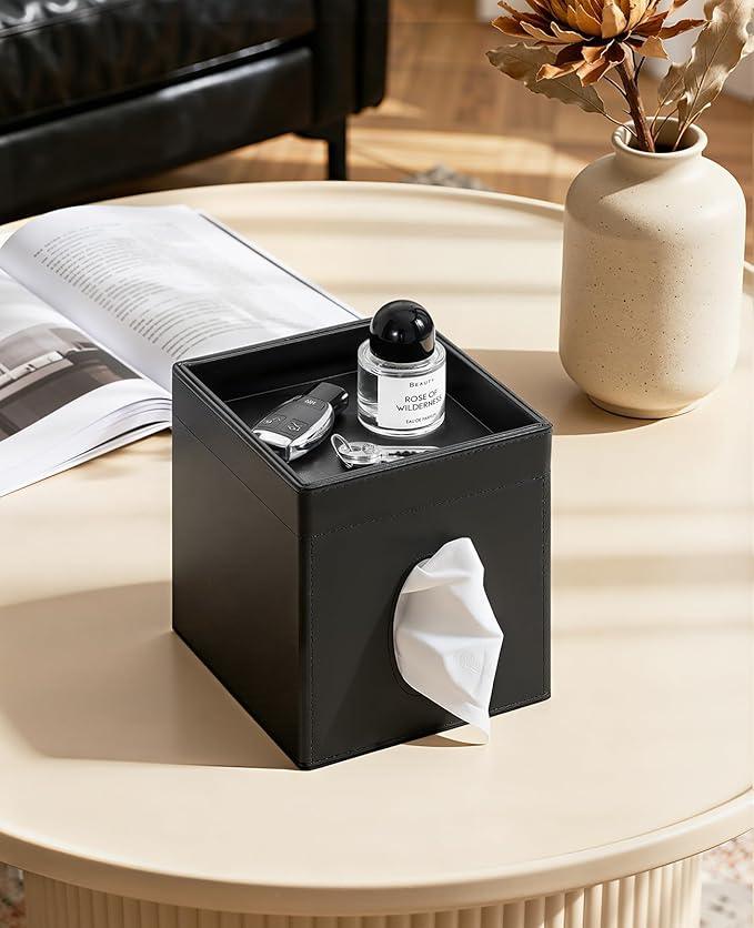 Luxspire Square Tissue Box Cover, PU Leather Square Tissue Box Cover with Storage Tray, Tissue Box Holder, Tissues Cube Boxes Cover for Living Room, Bedroom Countertop Cars Hotels, Black - ModernBath