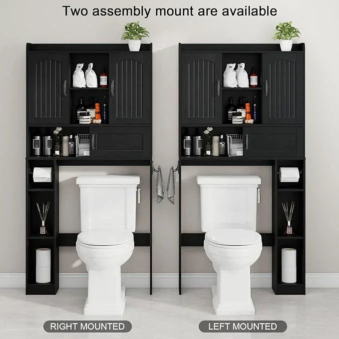 Vabches Farmhouse Over The Toilet Storage Cabinet with 2 Barn Doors & Sliding Door, Over The Toilet Bathroom Organizer with Open Storage Layer and Adjustable Shelves & Hooks.Black - ModernBath