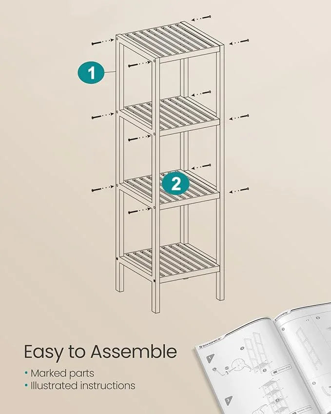 SONGMICS Bamboo Storage Shelf, 4-Tier Shelving Unit, Multifunctional, in the Entryway, Bathroom, Living Room, Balcony, Kitchen, 13 x 13 x 38.6 Inches, Light Bamboo UBCB54Y - ModernBath
