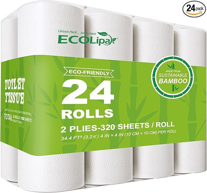 ECOLipak Bamboo Toilet Paper, Septic Safe Toilet Tissue, 24 Double Rolls, 320 Sheets Per Roll, Tree Free, Non Toxic, 2 Ply, Soft and Absorbent, Eco Friendly Dye-Free Paper - ModernBath
