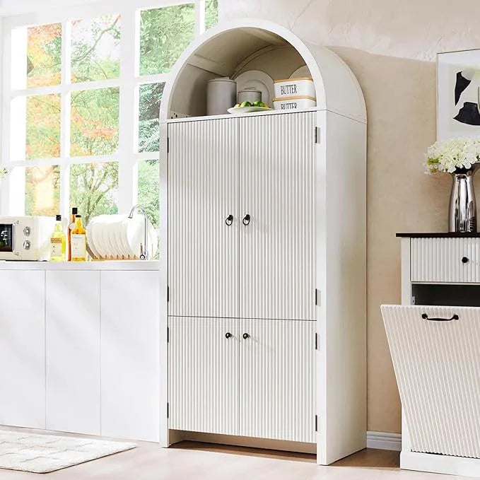 71" Tall Arched Bathroom Storage Cabinet, Modern Fluted Storage Cabinet w/Doors, 3 Adjustable Shelves, 6 Door Shelves, Wood Freestanding Cabinet for Bathroom, Entryway, Hallway, Antique White - ModernBath