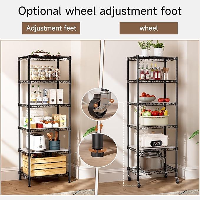 Small 6 Tier Shelves Storage Wire Shelving Unit Metal Shelf Adjustable Organizers Storage Shelving with Wheels for Bathroom Laundry Room Kitchen Pantry12”D x 18”W x 61.6”H Black - ModernBath