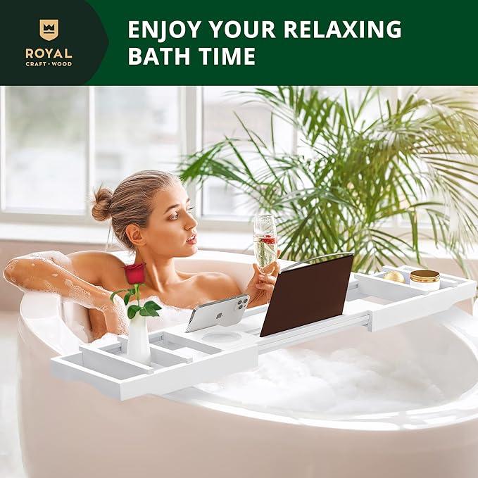 ROYAL CRAFT WOOD Premium Foldable Bathtub Tray - Wood Bath Tray for Tub, Bamboo Shelf, Expandable Bath Table Trays, Bathtub & Bathroom Accessories for New Home & Mothers Day & Birthday Gifts for Mom - ModernBath