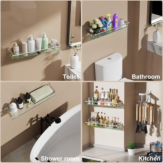 Glass Shelf for Bathroom Wall Sheves 24 inch Rectangular Stainless Steel Tempered Glass Modern Stainless Steel Wall Mount Accessories Organizers Storage (Brushed Nickel, 24‘’) - ModernBath