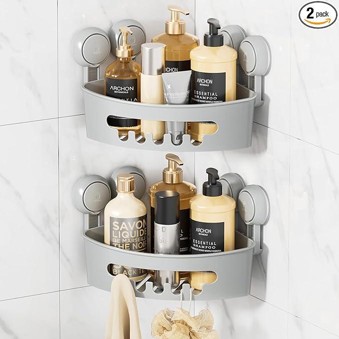 LEVERLOC Corner Shower Caddy Suction Cup, shower shelves suction cup, 2 Pack Basket Powerful Bathroom, Waterproof & Oil-proof Organizer for Kitchen, No-Drilling Removable (Grey) - ModernBath
