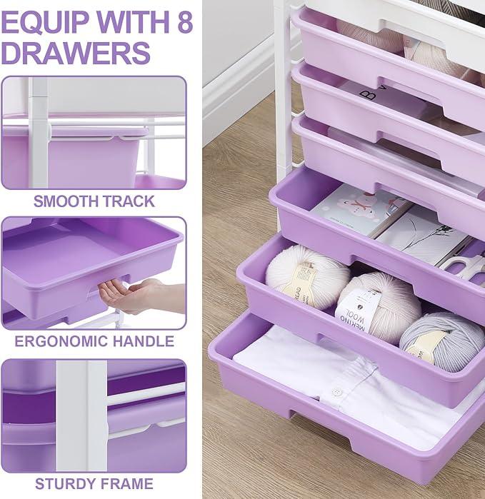 Rolling Cart with Drawers,Utility Cart With 8 Drawers and Wooden Tabletop for Living Room,Classroom,Bedroom,Bathroom,Dorm,Office,Purple - ModernBath