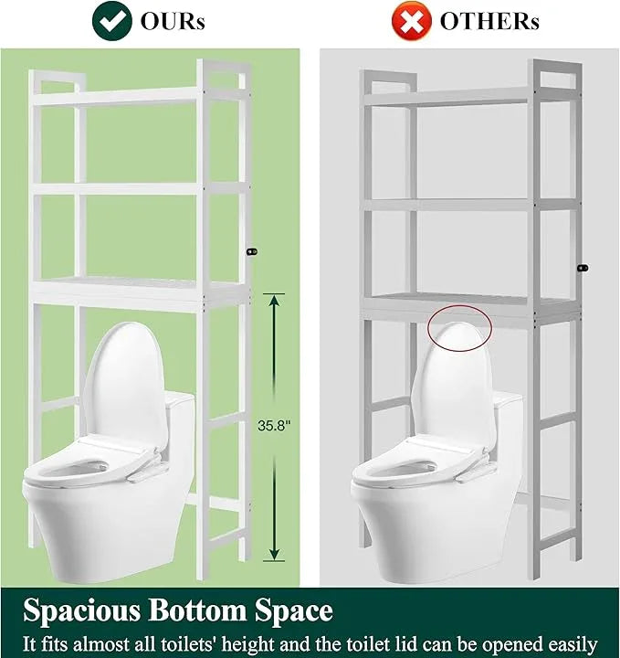 Smiry Over The Toilet Storage Cabinet, 3-Tier Bamboo Bathroom Organizers with Adjustable Shelf & 4 Hooks, Space Saving Shelf Rack for Bathrooms, Laundry Room, Balcony, White - ModernBath