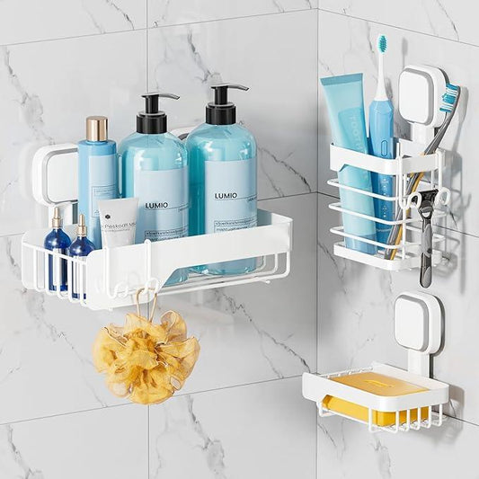 TAILI Shower Caddy Suction Cup 3 Pack, Stainless Steel Rustproof Shelves with Soap Holder Set, Drill-Free Wall Mounted Basket, Heavy Duty Removable Bathroom Organizers & Home Decor, White - ModernBath