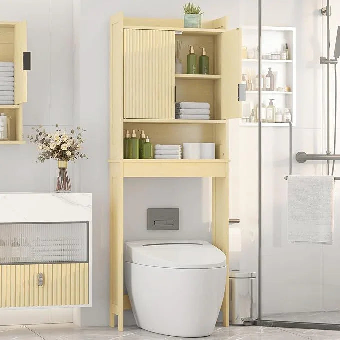 Over The Toilet Storage Cabinet,Behind Toilet Bathroom Organizer with Anti-tip,Space-Saving Toilet Shelf with Storage,Stylish Wave Pattern & Hidden Handle,Bathroom Shelf for Restroom/Laundry - ModernBath