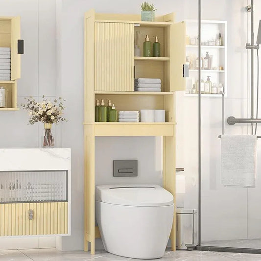 Over The Toilet Storage Cabinet,Behind Toilet Bathroom Organizer with Anti-tip,Space-Saving Toilet Shelf with Storage,Stylish Wave Pattern & Hidden Handle,Bathroom Shelf for Restroom/Laundry - ModernBath