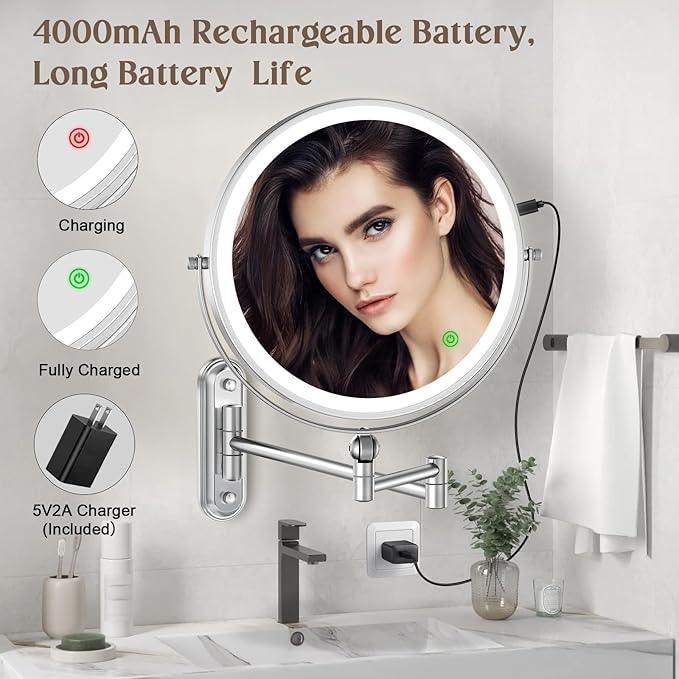 9" Wall Mounted Makeup Lighted Mirror, 4000mAh Rechargeable Double Sided LED Vanity Mirror with Height Adjustable&1X/10X Magnification, 3 Color Lights Touch Screen Dimmable 360°Swivel Bathroom Mirror - ModernBath