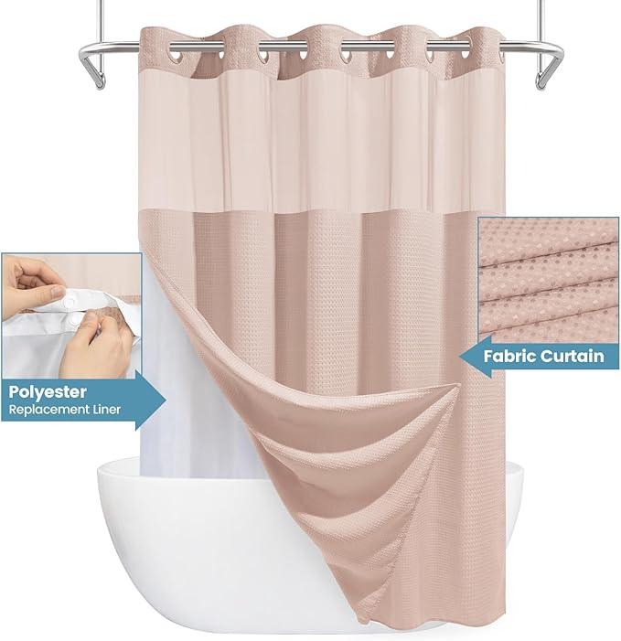 EUTXL Blush Pink Long No Hook Shower Curtain with Snap in Liner,230GSM Waffle Weave Shower Curtains for Bathroom,71W x 86H - ModernBath
