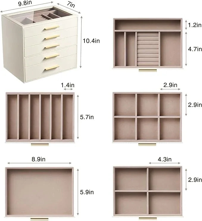 pickpiff Jewelry Box Organizer Case for Women: 5-Layer Jewelry Storage Case with Glass Window, Ivory Leather with Pink Velvet, Holder for Ring Necklace Bracelet Brooch Watch, Great Gift for Her - ModernBath